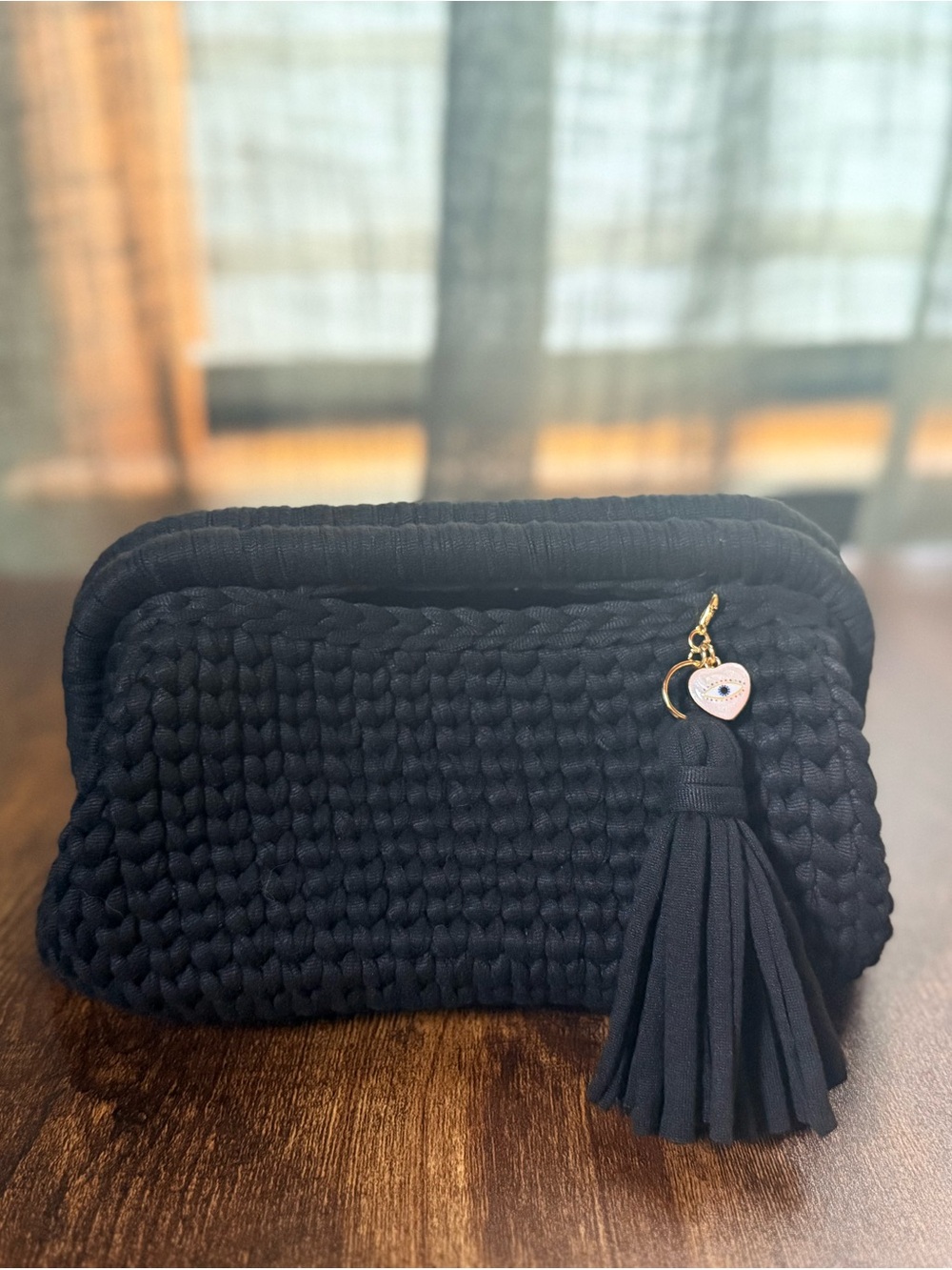 Black Woven Cosmetic Pouch with Tassel and Heart Charm